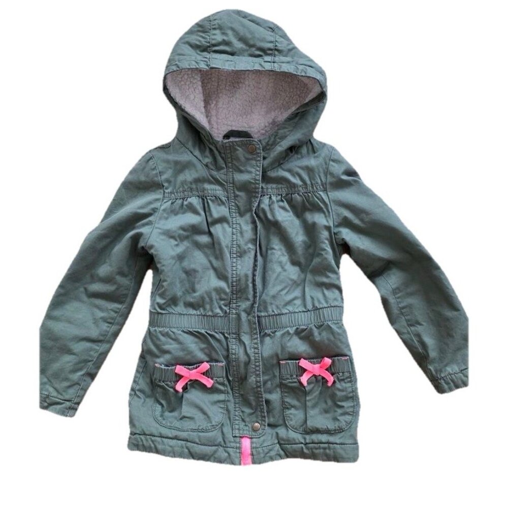 CHEROKEE Girls Army Green Pink Bows Lined Hooded Jacket Size 5 A0001043